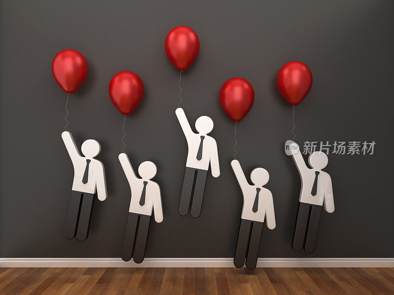 象形图商务人士与气球在房间- 3D渲染